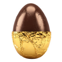 3d chocolate egg with golden wrapping, easter illustration on transparent png background