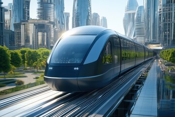 Naklejka premium Modern train travels through a futuristic city with skyscrapers during the day