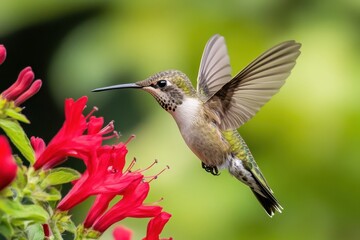 Fototapeta premium Hummingbird hovering near vibrant red flowers in a lush garden during daylight