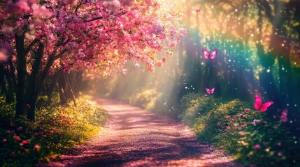 Pink blossoming trees line a peaceful pathway toward a forest