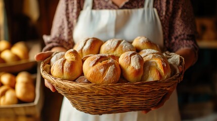 Baker woman showcasing freshly baked bread in her bakery