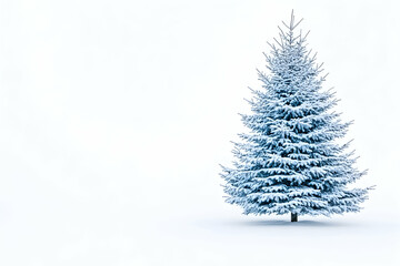 Solitary snow-covered evergreen tree on a white background