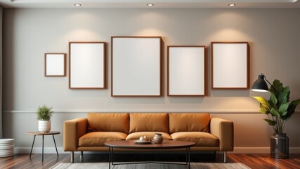 Modern living room interior design with empty frames and mustard colored sofa