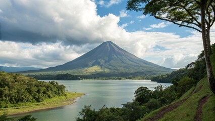 arenal volcano and arenal-lake costa rica stock photo