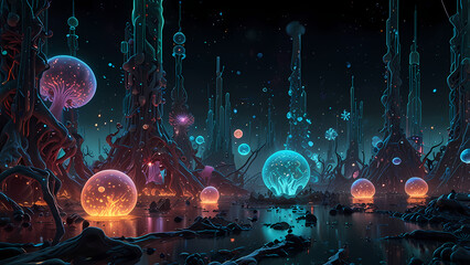 Obraz premium Neon Microbes: A Sci-Fi Inspired Bacterial World
