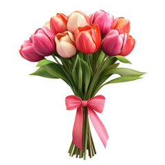 3d tulip bouquet with ribbon, spring illustration on transparent png background