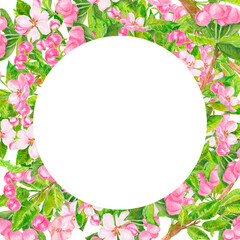Pink cherry flowers, leaves and buds watercolor floral wreath isolated on white. Blooming tree round frame hand drawn with copy space for greeting cards.