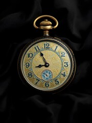 art nouveau pocket watch in gold and green with ornate decorative patterns on a dark background