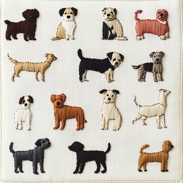 Vintage embroidery dogs Artisan stitched fabric Colorful embroidered dogs arranged in a playful pattern on fabric.