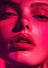 Fototapeta premium Close-up of a woman with pink eye shadow and hot-pink lipstick