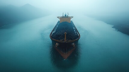 A large cargo ship sails through a misty waterway