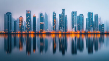 Fototapeta premium Skyscrapers Illuminated Reflecting Calm Waters In A Foggy Cityscape