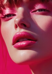 Fototapeta premium Close-up of a beautiful woman with pink eye shadow and hot pink lipstick