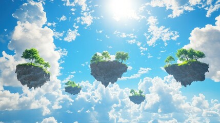 Floating islands with lush green trees drift among puffy white clouds