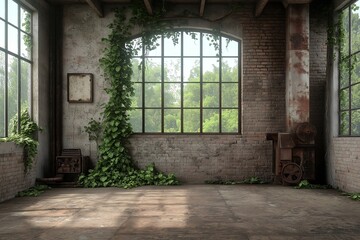 Obraz premium Abandoned Industrial Factory with Rusting Machinery and Broken Smokestacks, Overgrown with Vines, Eerie Post-Apocalyptic Atmosphere, Golden Light Filtering Through Cracked Windows