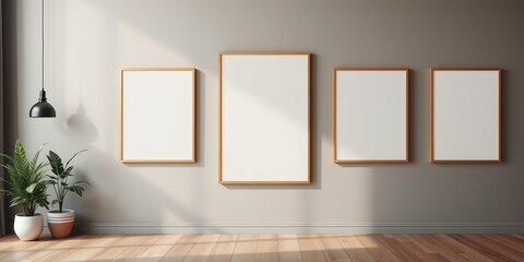 Modern minimalist interior design with blank picture frames and potted plants