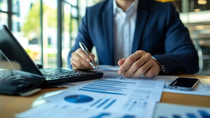 Payroll Management and Financial Processing System. Businessman works on payroll management with icons for payment, employee salaries, scheduling, analysis finance, and efficient payroll operations.