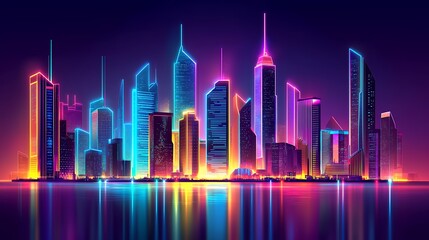 Obraz premium Vibrant cityscape at night, reflecting in calm water. Neon lights illuminate skyscrapers in various colors. A futuristic, stylized illustration