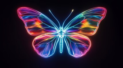 Vibrant, iridescent butterfly with translucent wings, glowing in neon colors against a black background.  Detailed, almost glass-like texture