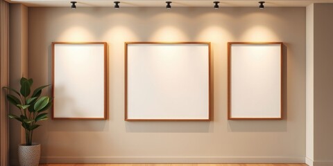 Empty picture frames on a beige wall with recessed lighting and potted plant
