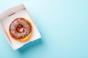 The last remaining chocolate donut sits alone in an empty box on a blue background