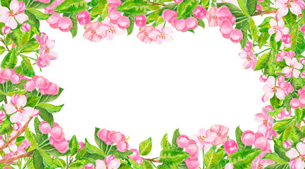 Pink spring flowers, buds and leaves floral frame. Watercolor rectangular border with copy space isolated on white. Sakura, cherry, almond, pear, peach flower.