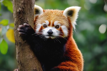 Red panda climbing a tree in a lush green forest during daylight hours