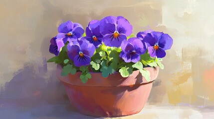 A vibrant painting displaying violet pansies in a terracotta pot