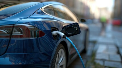 Electric vehicle charging in an urban setting showcasing modern technology and sustainability, with the sleek blue car and bright charging cable highlighted