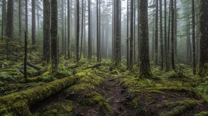 Obraz premium Dense forest with tall trees on a foggy atmospheric day