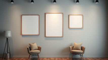 Modern minimalist interior with empty picture frames and comfortable armchairs