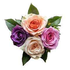Fototapeta premium Blossom Bouquet: An eye-level shot of an elegant arrangement of mixed-color roses and lush green leaves. Capturing the vibrant beauty of nature's artistry, this image exudes elegance and freshness.