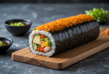 A Close-Up of Gourmet Sushi Rolls with Fresh Ingredients and Toppings on Wooden Board