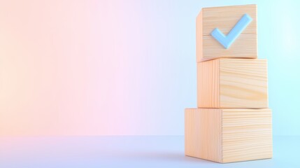 Obraz premium Three wooden blocks stacked with a blue checkmark on top, set against a soft pastel background, symbolizing completion or success.