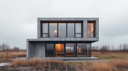 Sleek cube house in dark tones with cozy minimalist interior