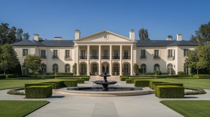 A large stately mansion with a fountain in the front yard