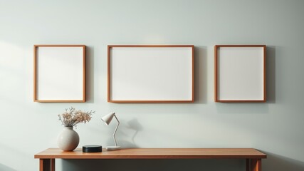 Modern minimalist home office with three blank frames on a pale wall above a wooden desk