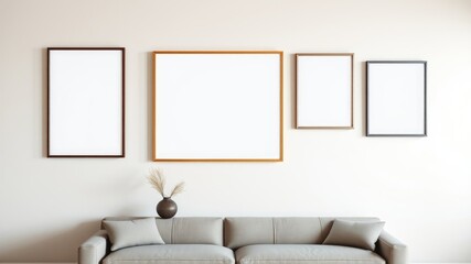 Modern living room interior with blank frames and a cozy sofa