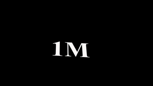 Abstract glowing 1M text animation on black background. 1M Followers Celebration text animation effect.