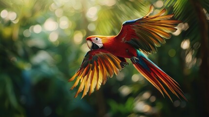 colorful parrot flying in its free habitat