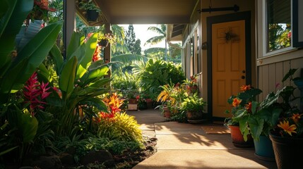 Obraz premium A house entryway featuring lush garden landscaping and a welcoming door