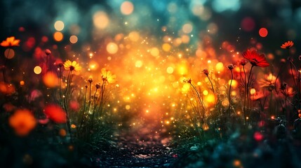 Fototapeta premium Enchanting Cosmos Flowers Glowing In Magical Night Garden