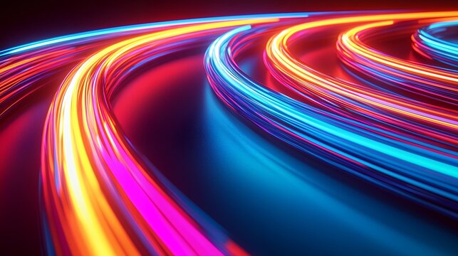 Abstract swirling neon light trails creating vibrant, dynamic curves and a sense of motion and energy