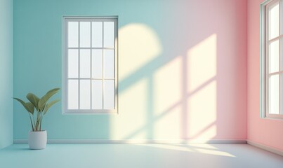 A serene interior space featuring a split-color wall of soft blue and pink. illuminated by sunlight streaming through large arched windows. creating a calm atmosphere