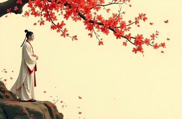 Young man in white attire with red accents stands on a cliff under a cherry blossom branch with falling petals