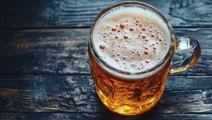 A close-up view of a frothy beer mug resting on a rustic wooden table. capturing the golden liquid and bubbles. ideal for beverage promotions or social gatherings