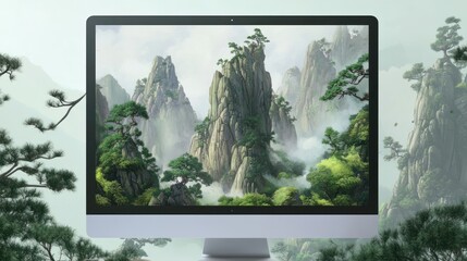 A computer monitor displays a stunning mountain landscape illustration.