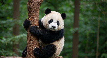 Obraz premium Adorable Panda Cub Climbing a Tree in a Lush Forest