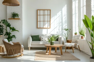 Fototapeta premium A cozy. modern living room featuring a light gray sofa adorned with cushions. surrounded by lush indoor plants. a wooden coffee table. and a warm. inviting atmosphere