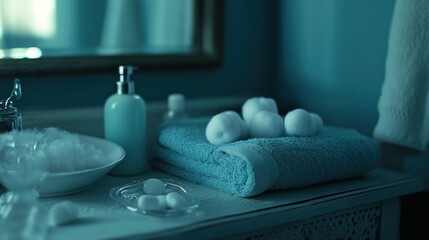 A bathroom vanity displaying hygiene and relaxation essentials softly lit